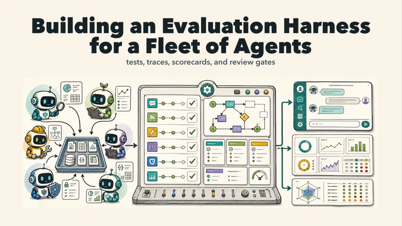Cover illustration titled Building an Evaluation Harness for a Fleet of Agents: tests, traces, scorecards, and review gates. A group of robots feed test material into a console; the console runs checks and flows; the outputs are transcripts, dashboards and scorecards.