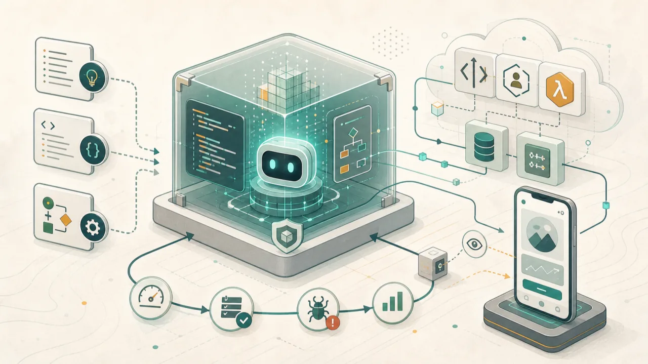 Illustration: a coding agent inside a sealed glass container, fed by user stories, code and diagrams on the left, wired to cloud services on the right and to a phone running the app, with a loop of checks running underneath.
