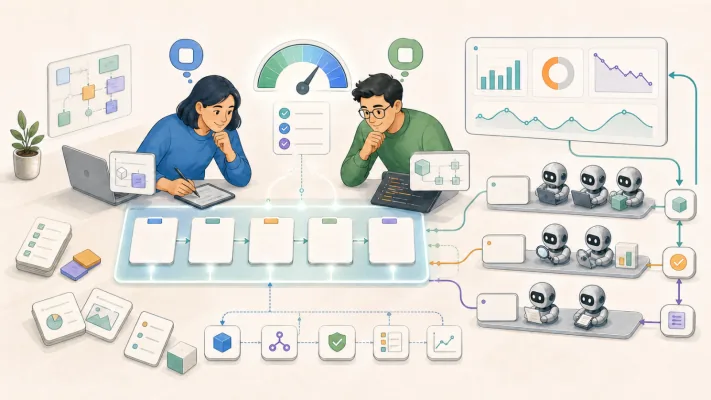 A product manager and an engineer working side by side over one shared chain of spec cards, with a gauge above them and delivery charts on the wall. Rows of agents pick up the cards and build, with checks and metrics feeding back.