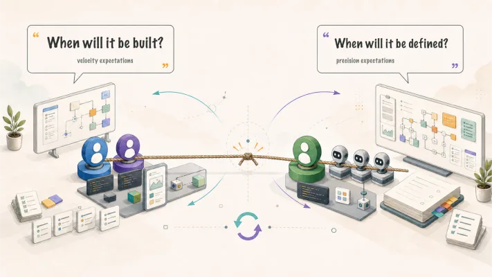 A tug of war over a rope. On the left, product people at a whiteboard ask "When will it be built?", the velocity expectation. On the right, an engineer with a row of agents asks "When will it be defined?", the precision expectation.